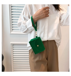 Detail of green felt wristlet bag with gold metal snap button and removable strap