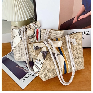 Fashion Women Straw Woven Tote Bag With Cotton Rope Handle Scarf Ribbon Bow Striped Large Capacity Vacation Beach Handbag