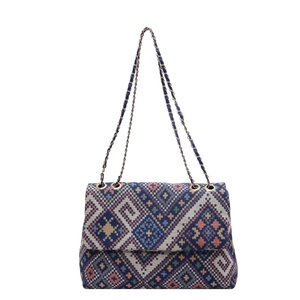 Ethnic bohemian woven shoulder bag with geometric patterns and blue chain strap