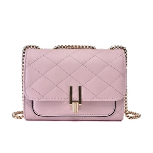 Pink quilted crossbody bag with gold chain strap and metal clasp on white background