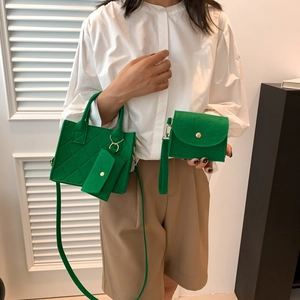 Three-piece set of bright green felt bags with quilted diamond pattern for casual style
