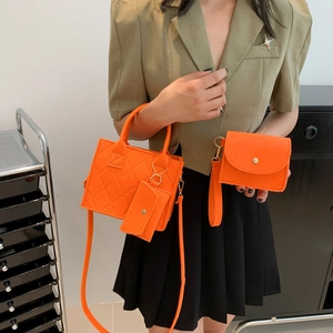 Three-piece bright orange felt tote bag set with quilted texture for women in daily casual use