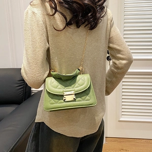 Grass green quilted small square shoulder bag with ruched handle and gold chain strap