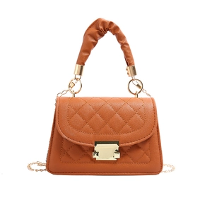 Brown quilted crossbody bag with pleated handle and golden square lock on white background