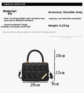 Spécifications de taille du sac à bandoulière noir en cuir PU matelassé avec dimensions