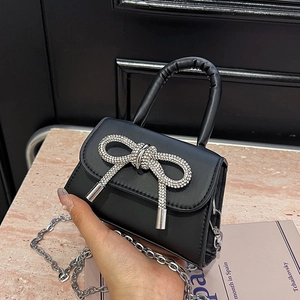 Women Bow Rhinestone Mini Handbag PU Leather Crossbody Bag With Silver Chain Strap Elegant Small Square Bag For Party