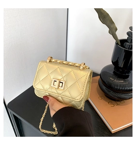 Close-up of a gold quilted leather mini bag with metallic chain and square twist lock