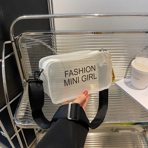 Translucent frosted PVC crossbody bag with Fashion Mini Girl print and black wide strap