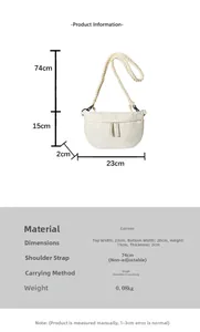 Detailed size specifications and dimensions for the minimalist canvas half-moon crossbody bag