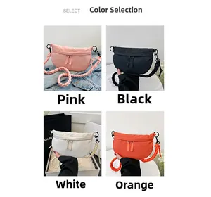 Detail view of canvas crossbody bags with colorful braided straps in four different colors