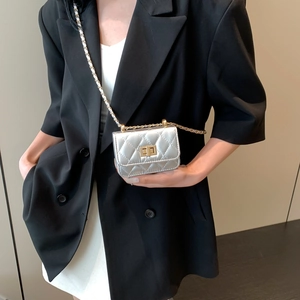 Fashion silver quilted mini crossbody bag with gold chain and turn-lock for women