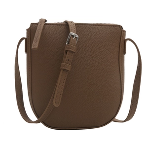 Brown lychee texture leather hobo bucket bag with adjustable strap and silver metal hardware
