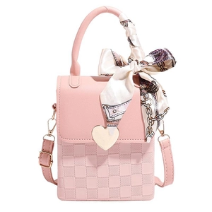Pink crossbody bag with woven checkerboard texture, gold heart clasp, and scarf handle