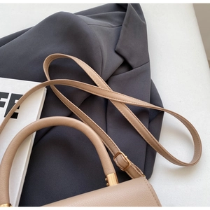 Detail of beige lychee grain leather handbag with gold metal clasp and top handle