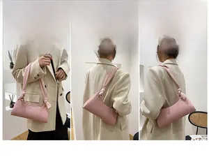 Pink crocodile pattern shoulder bag with detachable strap shown in various styling poses
