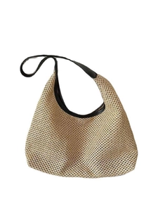 Grand sac fourre-tout en paille avec finitions en cuir noir pour plage et été