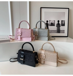 Four elegant textured PU flap bags in pink, silver, black, and champagne with gold buckles