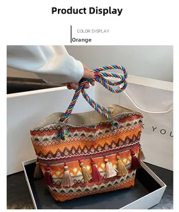 Detail view of ethnic tote bag with colorful geometric patterns and tassel charm