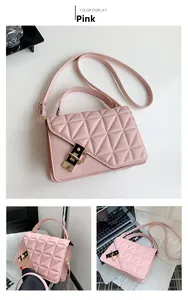 Pink quilted crossbody bag with gold hardware and chain strap in multiple views