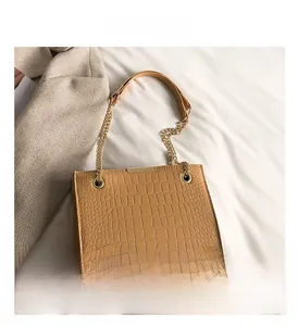 Detailed close-up of crocodile texture leather and golden chain strap on the camel bag