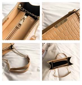 Detailed views of light brown crocodile pattern chain bag with golden metal hardware and strap
