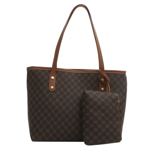Retro monogram tote bag and matching pouch with brown chain pattern and leather handles