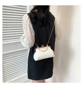 Detail of white vintage floral jacquard kiss-lock bag with golden round handle and chain