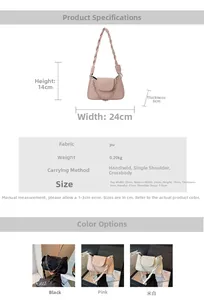 Detail of PU leather shoulder bag with woven handle, metal chain and dimensions info