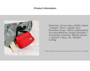 Red canvas crossbody bag details showing 28x18x8cm dimensions and adjustable strap