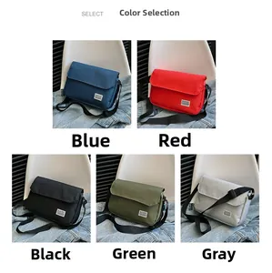 Collage of casual canvas messenger bags in five vibrant colors with adjustable straps
