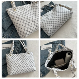 Collage of white tote bag with black geometric patterns showing capacity and details