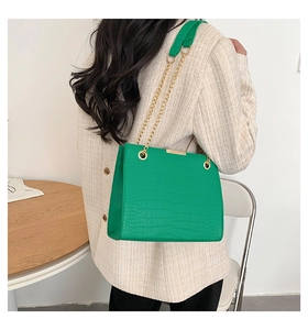 Close-up of green crocodile-patterned handbag with gold chain on a beige plaid blazer