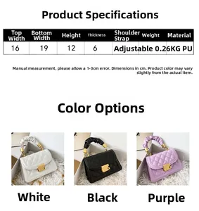 Detailed comparison of quilted PU crossbody bags in white, black, and purple with gold locks