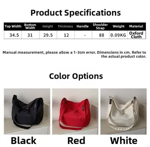 Tableau des tailles du grand sac cabas en tissu Oxford avec dimensions et couleurs