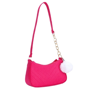 Bolso bandolera de moda rosa fucsia en forma de media luna con pompón blanco decorativo