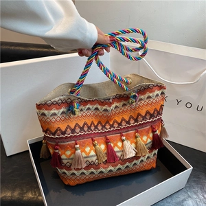 Bohemian Woven Tote Bag Large Capacity Ethnic Style Geometric Pattern With Tassels And Colorful Rope Handle For Women