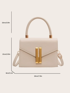 Chic beige crossbody bag with gold lock buckle and specific size dimensions shown