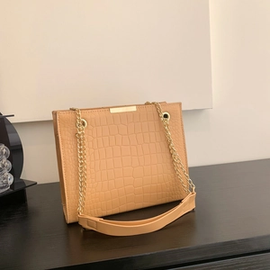 Fashionable light brown crocodile embossed underarm bag with gold chain strap for women