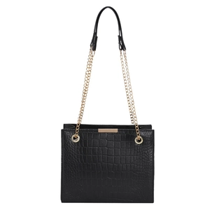 Classic black faux crocodile leather shoulder bag with gold chain strap and luxury texture