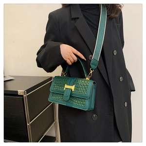 Close-up of green woven texture shoulder bag featuring iconic golden H-shaped metal buckle