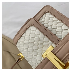 Detail of white woven leather texture with tan trim and a gold metallic clasp on bag