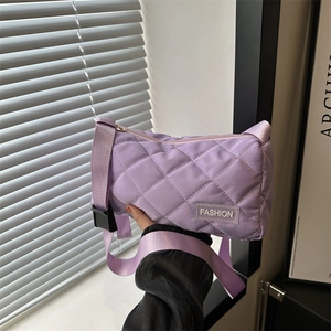 Women Quilted Rhombus Shoulder Bag Fashion Canvas Nylon Crossbody Bag With Adjustable Strap Letter Patch Zipper Closure Tote