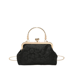 Elegant vintage black floral jacquard evening clutch with gold handle and chain strap