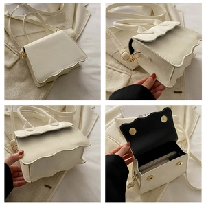 Detailed four-way view of mini white PU leather bag with wave edge and magnetic buckle