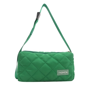 Green quilted puffer crossbody tote bag with minimalist diamond stitching and strap