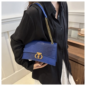 Dettaglio borsa blu scuro trama coccodrillo con fibbia CD dorata e tracolla catena