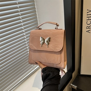 Women Mini Backpack Crinkled PU Leather Metal Butterfly Charm Niche Fashion Y2K Style Small Casual Daypack