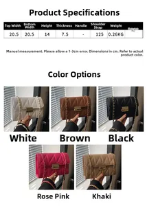 Detailed size chart and multi-color specifications for the PU leather square crossbody bag