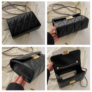 Detail views of black quilted crossbody bag with gold buckle and spacious interior storage