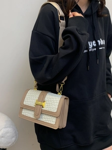 Plaid design crossbody bag with adjustable wide strap and gold H-shaped buckle closure